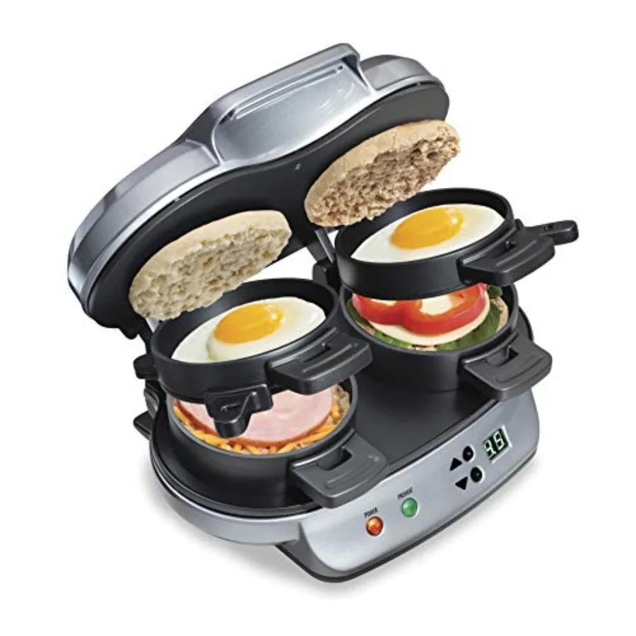 

Dual Breakfast Sandwich Maker with Timer Ready in 5 Minutes Removable Dishwasher Safe PFAS-Free Non-Stick Egg Cooker Ring Silve