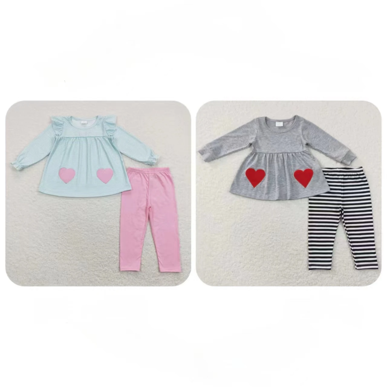 

Wholesale Children Valentine's Embroidery Outfit Baby Girl Long Sleeves Hearts Tunic Kids Leggings Pants Children Stripes Set