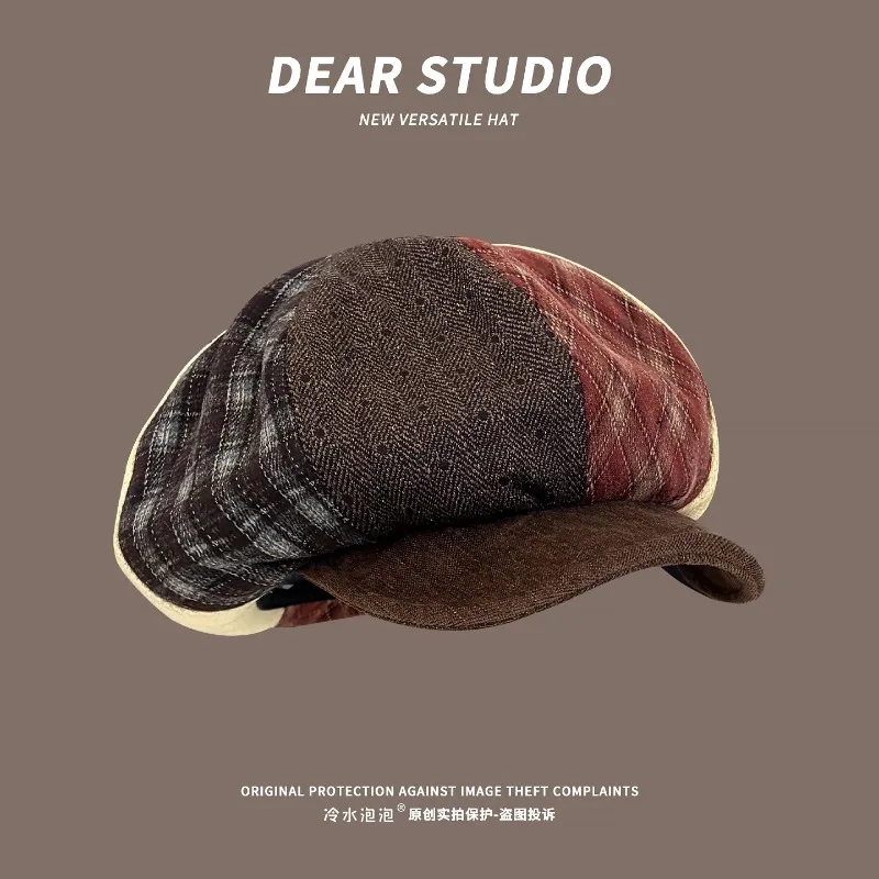 

Винтажные шерстяные клетчатые восьмиугольные шляпы газетчика контрастного цвета для женщин, осенне-зимние теплые универсальные нишевые береты