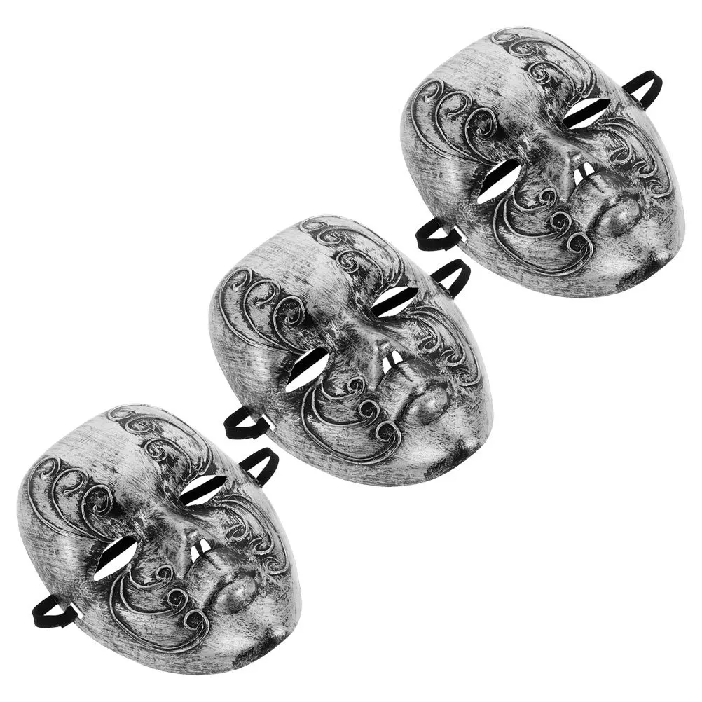 

3Pcs Full Face Masquerade Mask Vintage Style Ball Headgear for Masquerade Halloween Party Women Men Silver