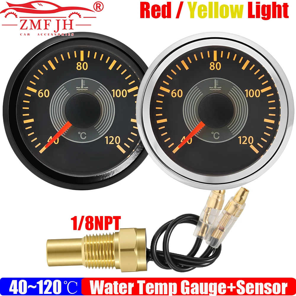 ZMFJH Retro Vintage Classical 52MM Water Temperature Gauge with Sensor 10mm RED Yellow LED Water Temp Meter for Boat Car Auto