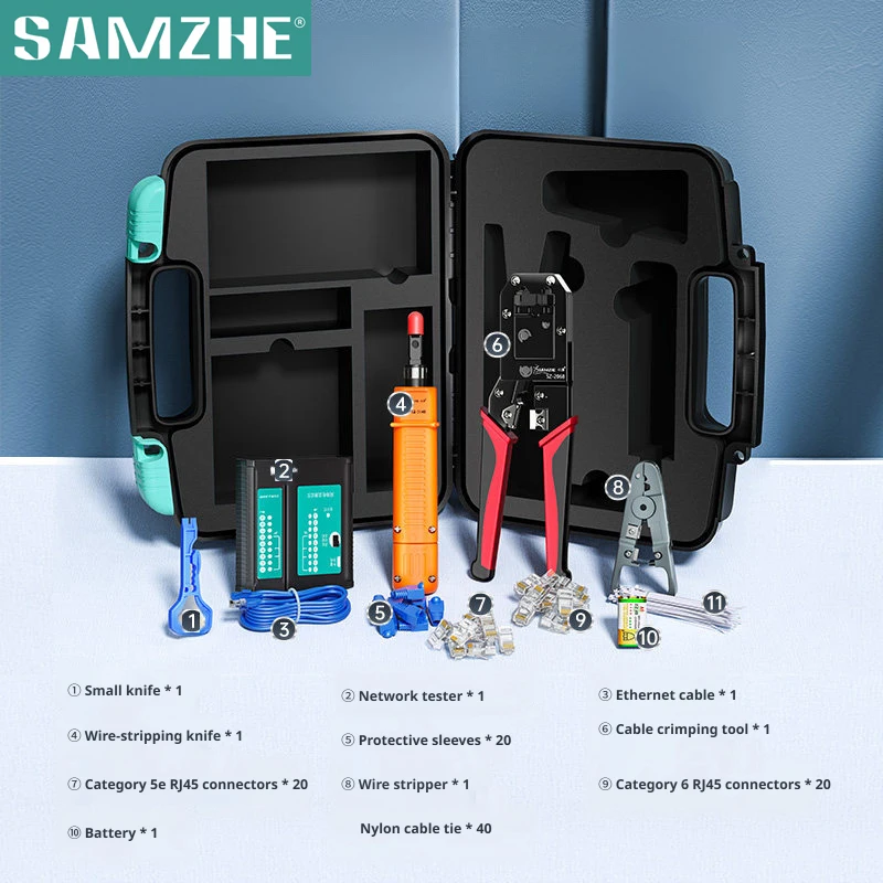 

Набор инструментов SAMZHE 11-в-1 для Ethernet-кабелей CAT6/CAT5e с разъемами RJ45, с инструментом для зачистки проводов/обжимным инструментом/тестером для телефонных/сетевых кабелей