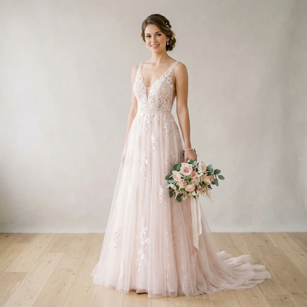 Blush Pink V Neck A Line Wedding Dress Lace Applique Beaded Waist Sash Sheer Tulle Chapel Train Bridal Gown