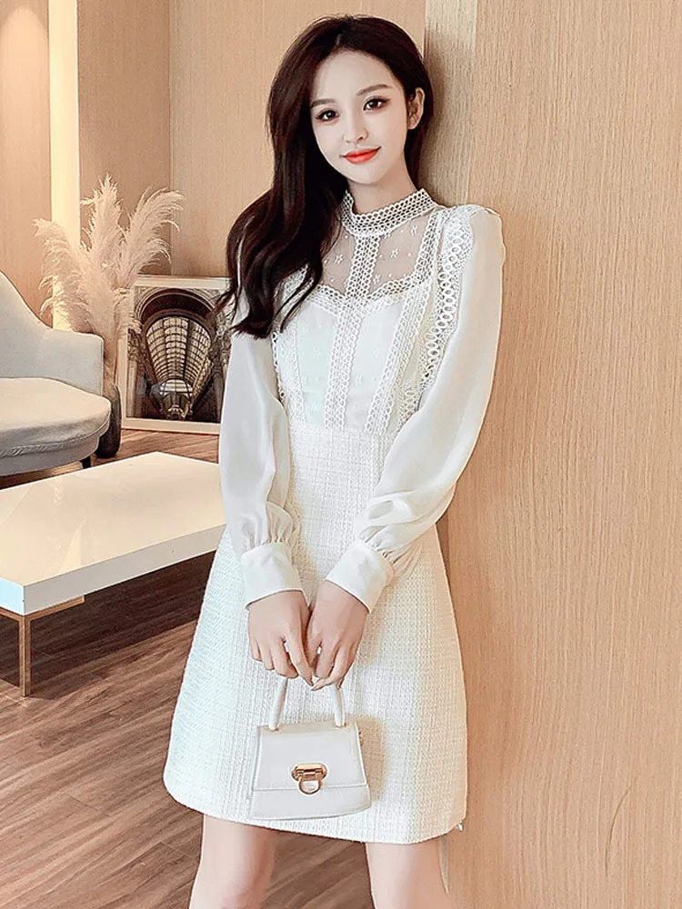 New Fashion Women Tweed Dress autunno inverno pizzo Patchwork pizzo Chiffon manica lunga o-collo una linea abiti corti Vestido