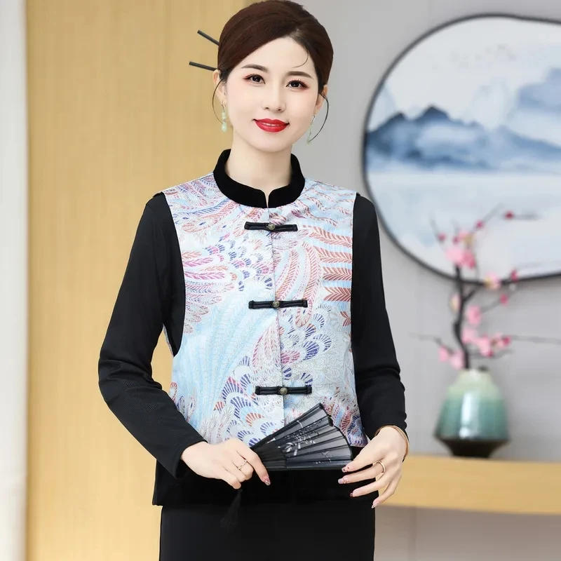 Spring Autumn Women Sleeveless Vest Coat 2024 Guofeng Pankou Ink Painting Waistcoat Jacket Mom Stand-up Collar Printing Vest Top