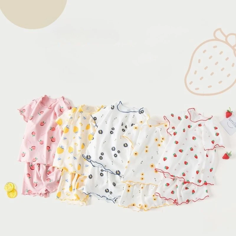 Summer Baby Girls Short Sleeve Set Cartoon Cotton Pajamas Outfit with Mid-Calf Pants Breathable Homewear for Kids Sleep Play