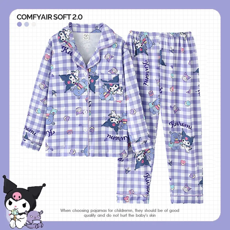 Sanrio Kuromi Children's Sets Long Sleeves  Lapel Pajamas Two Piece Printed Cartoon Comfortable  Casual  Daily  Autumn  Winter