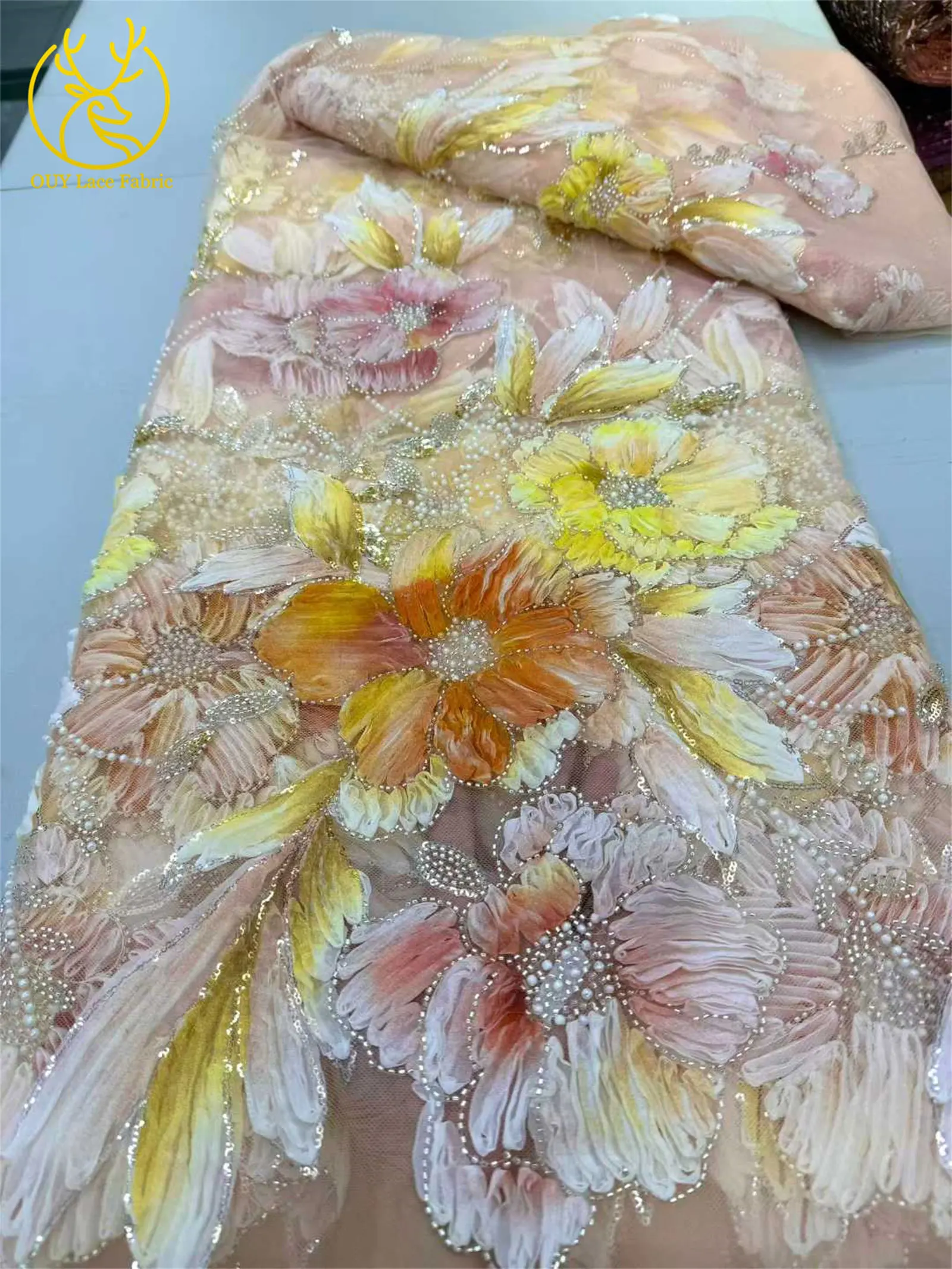 Afrika 3D-Blumenspitzenstoff 2026 Französischer Perlen-Pailletten-Spitzenstoff Nigeria Stickerei Tüll Spitze Brautparty Brautkleider – Detail 10