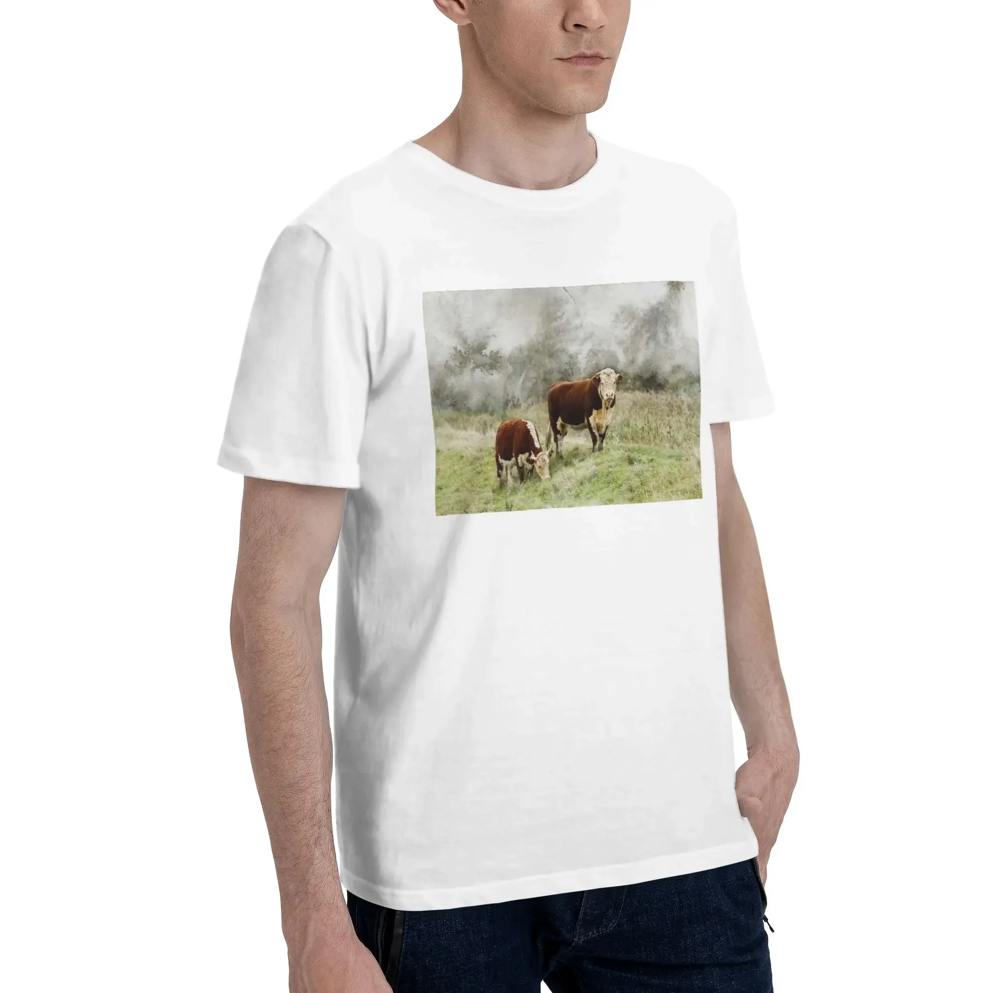 Hereford Bull and Cow Watercolour Photograph Men T-Shirt Oversized T Shirts Men's O-Neck Cotton Tees Short Summer Male