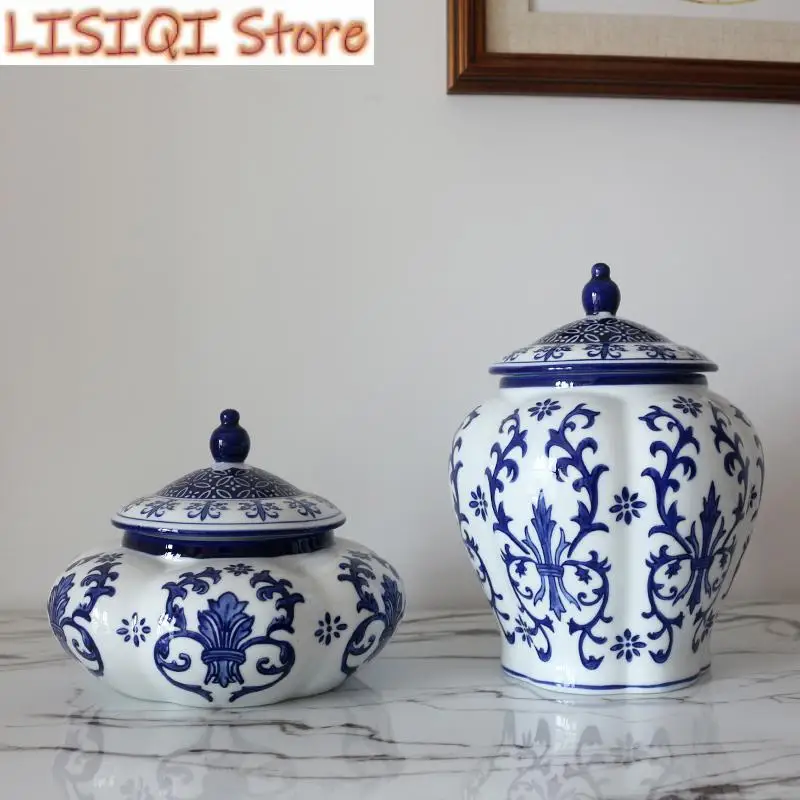 New Blue White Porcelain Storage Jar Tea Tin with Lid Sealed Jar Chinese Retro Ceramic Handicraft Ornaments Desktop Storage