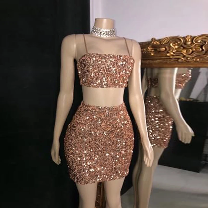 

Elegant Dress Women for Wedding Party Champagne Homecoming Dresses Shiny Sequins Suspenders Top 2 Pieces Mini Dresses 2022