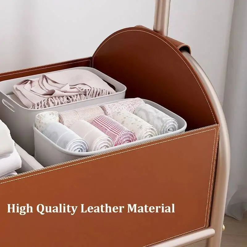 

Wheels Light Luxury Movable Clothes Rack With Home Wardrobe Furniture Leather Storage Basket Coat Hanger for Bedroom Dormitory