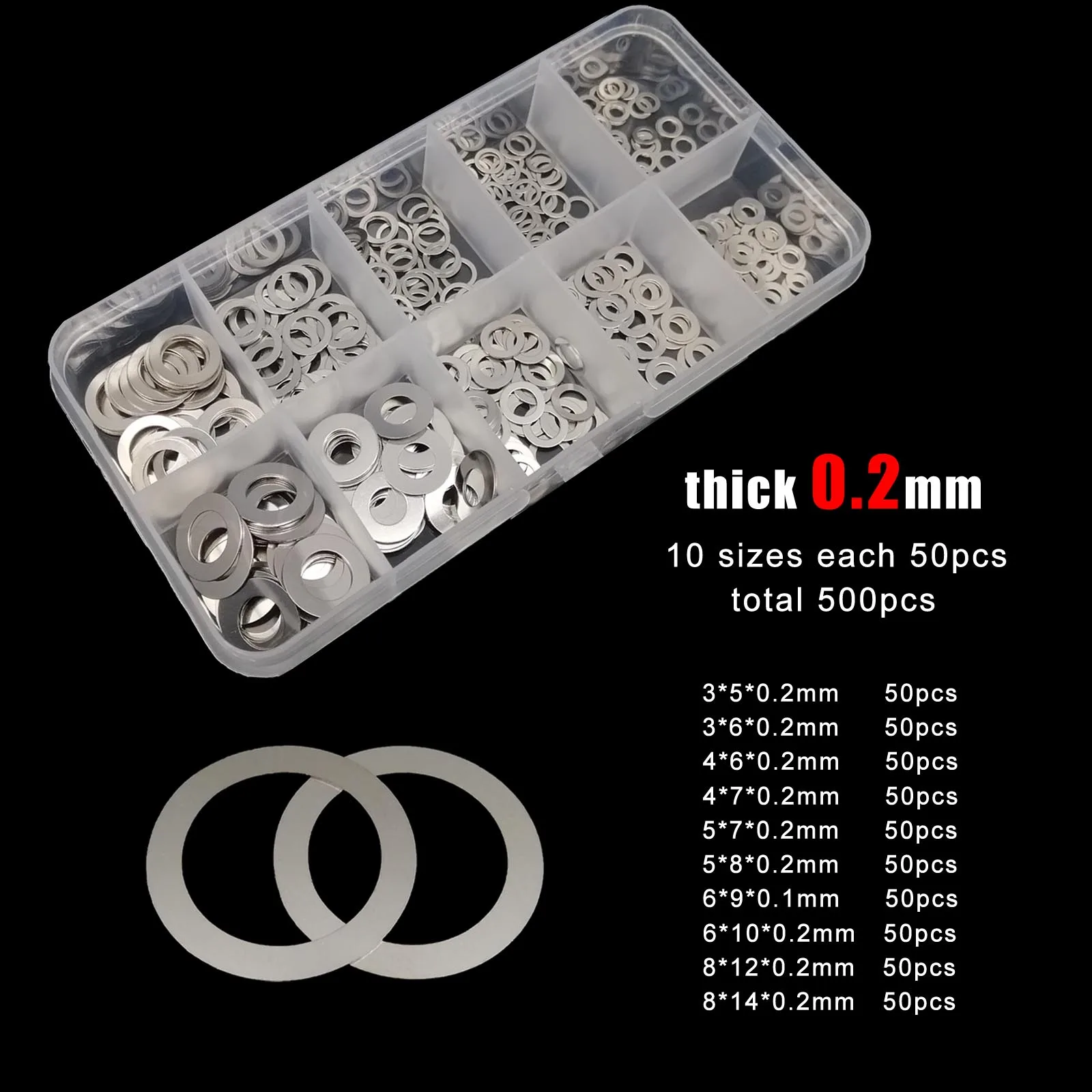 500/1200pcs M3 M4 M5 M6 M8 0.1 0.2 0.3mm 304 Stainless Steel Ultra Thin Flat Washer Plain Ultrathin Adjusting Shim Set Kit Box image 3