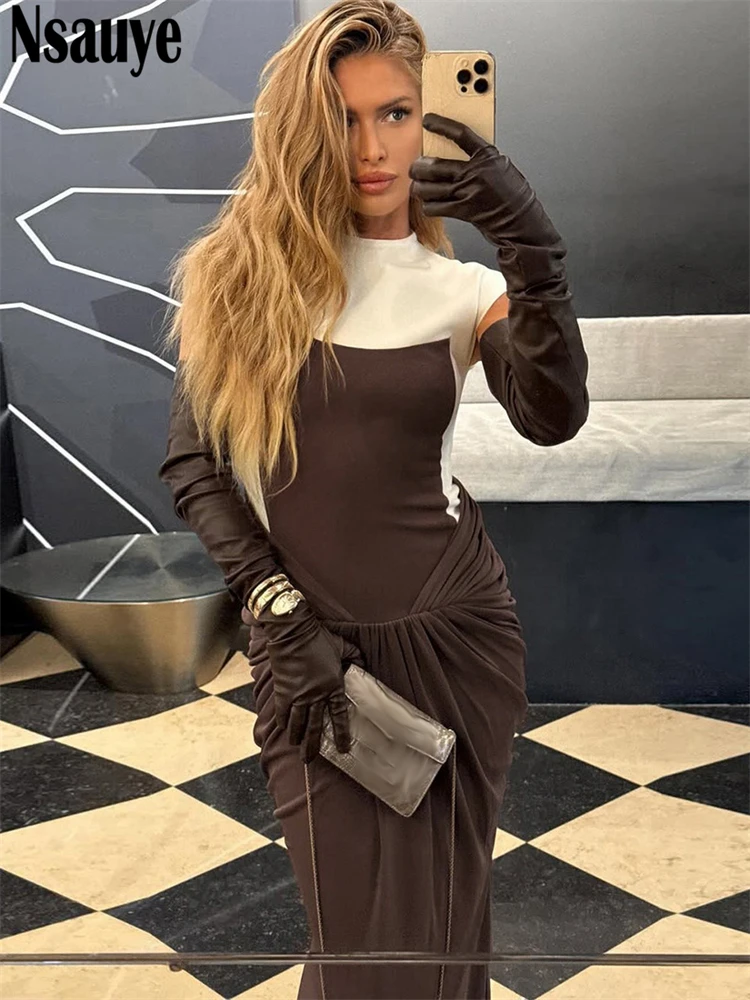 Nsauye 2025 inverno novo sem mangas magro elegante vestidos longos para mulheres ruched moda chique bodycon maxi vestidos clube festa