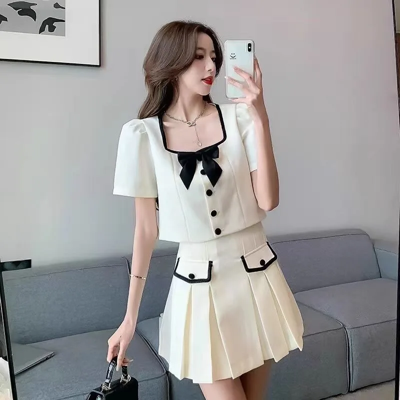 

High Appearance Level High Quality Korean-style Black Small Fragrance Style Bow Short Suit Top High-waisted Skirt Two-piece Set