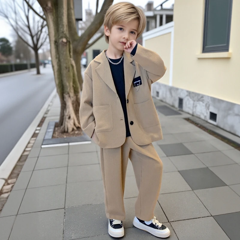 

Модный детский блейзер, весенне-осенний повседневный свободный пиджак, брюки, комплект из 2 предметов, модный формальный костюм для мальчиков на свадьбу, комплект детской одежды