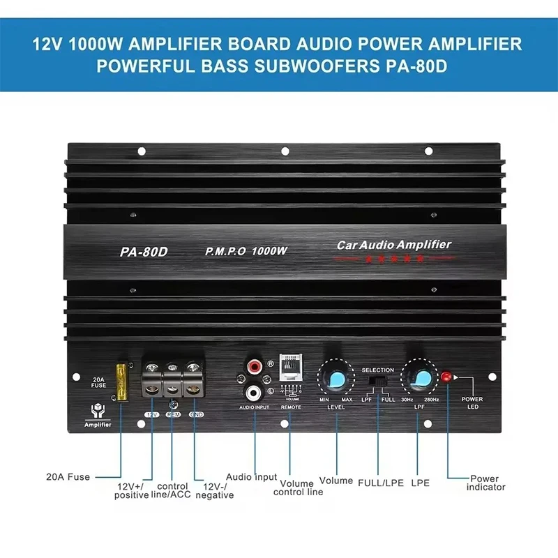 PA-80D Universal Car Amplifier Board 12V 1000W Mono Car Audio Power Amplifier Powerful Bass Subwoofers Amplifier For Car Modi