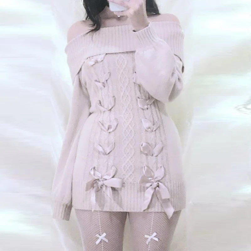 Cottage Fairy 00s Vintage Knitted Dress Japanese Off Shoulder Pullovers Mini Dress Fairy Y2K Kawaii Tie Up Retro Sweater Dress