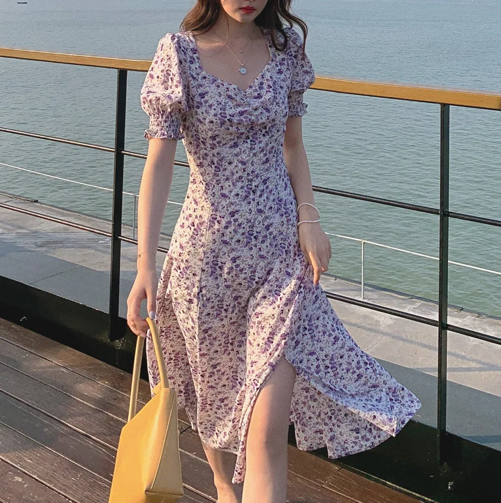 

Summer New Vintage French Style Square Collar Puff Sleeve Side Slit Dress Oil Painting Purple Fragments Dress Fairy Women's