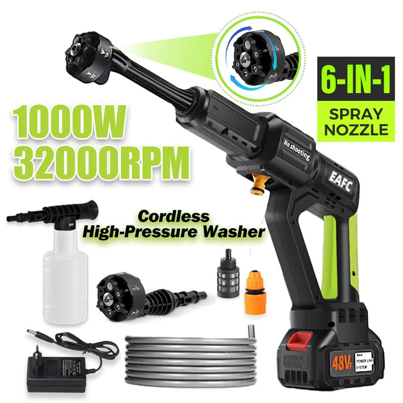 100Bar Brushless High Pressure Car Washer 30000mAh 6-in-1 Multi-function Nozzles Foam Car Wash Spray Water Gun Washing Pump