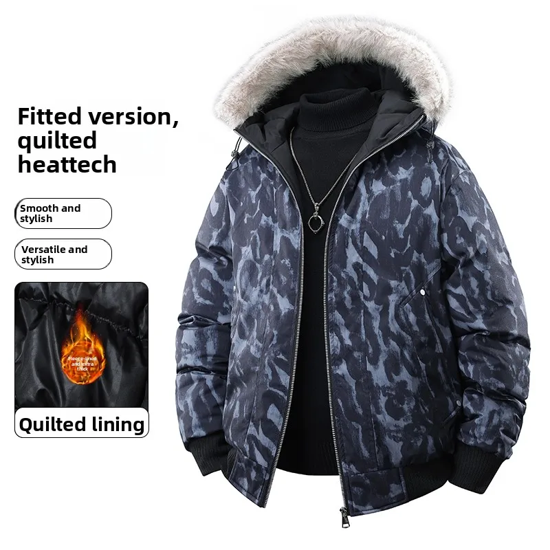 

Autumn Winter Retro Army Green Rose Camouflage Plus Velvet Hoodie and Men Leisure Thickened Warmth Zipper Jacket Faux Fur Trim