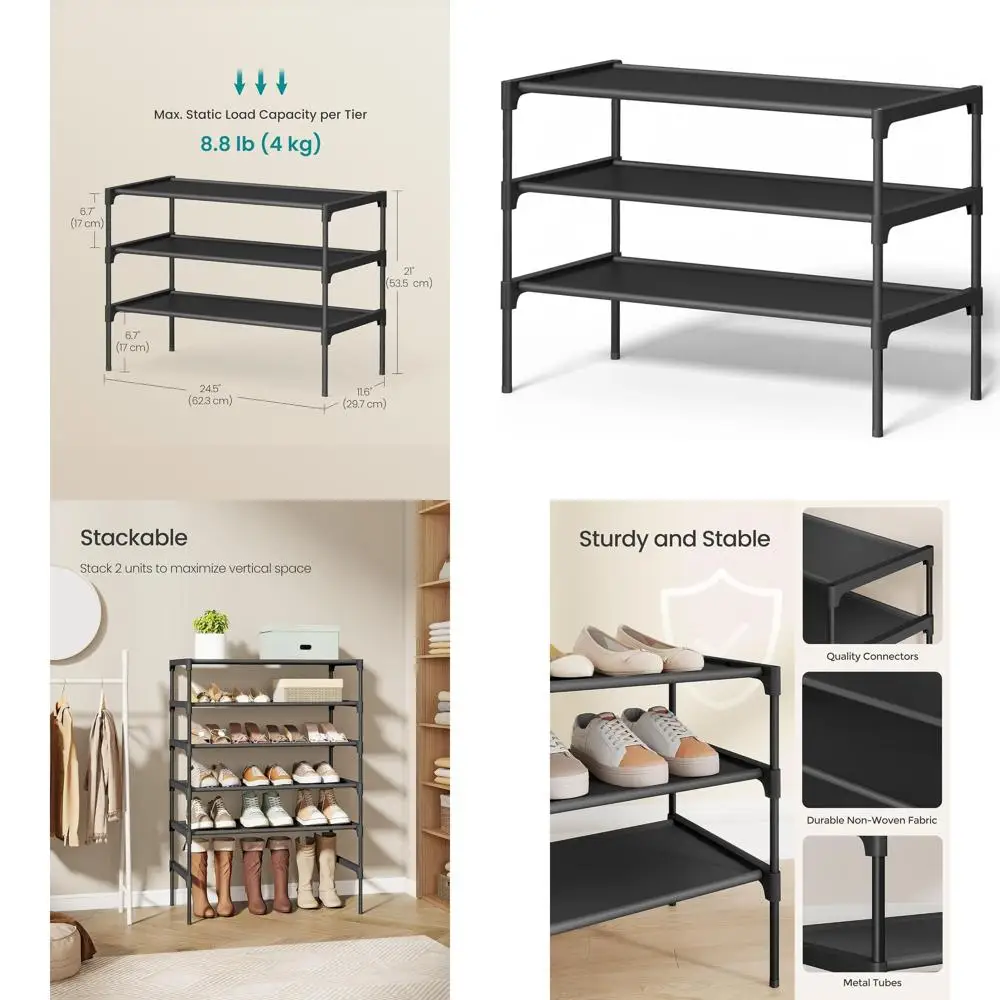 

Компактная 3-ярусная металлическая полка для обуви, 11.6 x 24.5 x 21 дюймов, для прихожей, с черными тканевыми полками, компактный дизайн