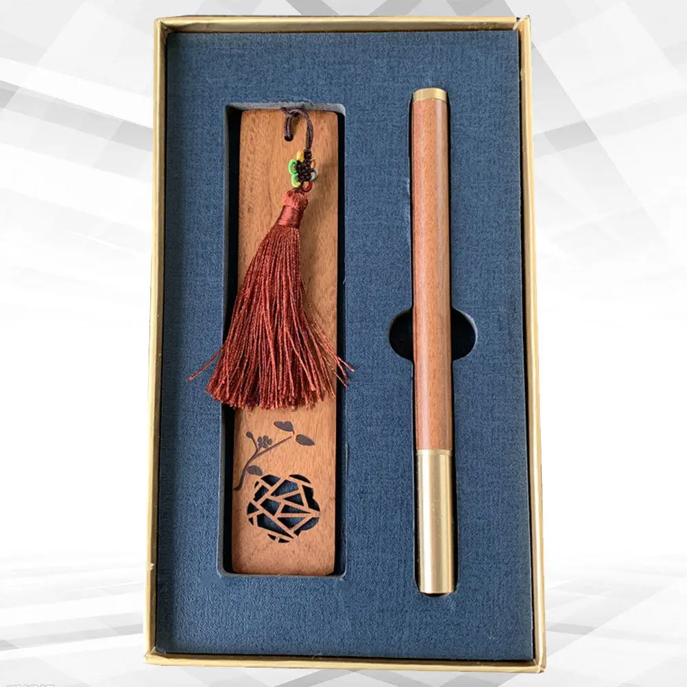 1Set Exquisite Chinese Pattern Wooden Bookmark Set Sign Pen Gift Box High End Wedding Souvenir Business DIY Craft Decoration
