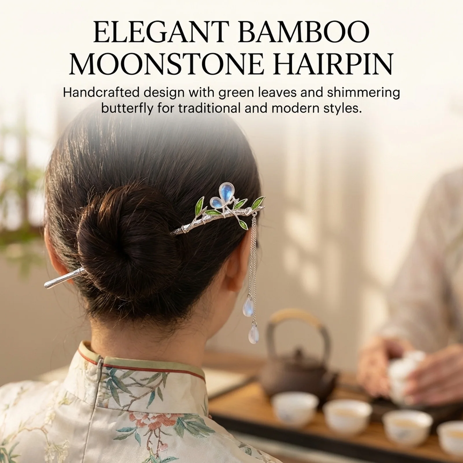 

Hairpin For Women With Bamboo Design And Cat-Eye Stone Decoration In Green