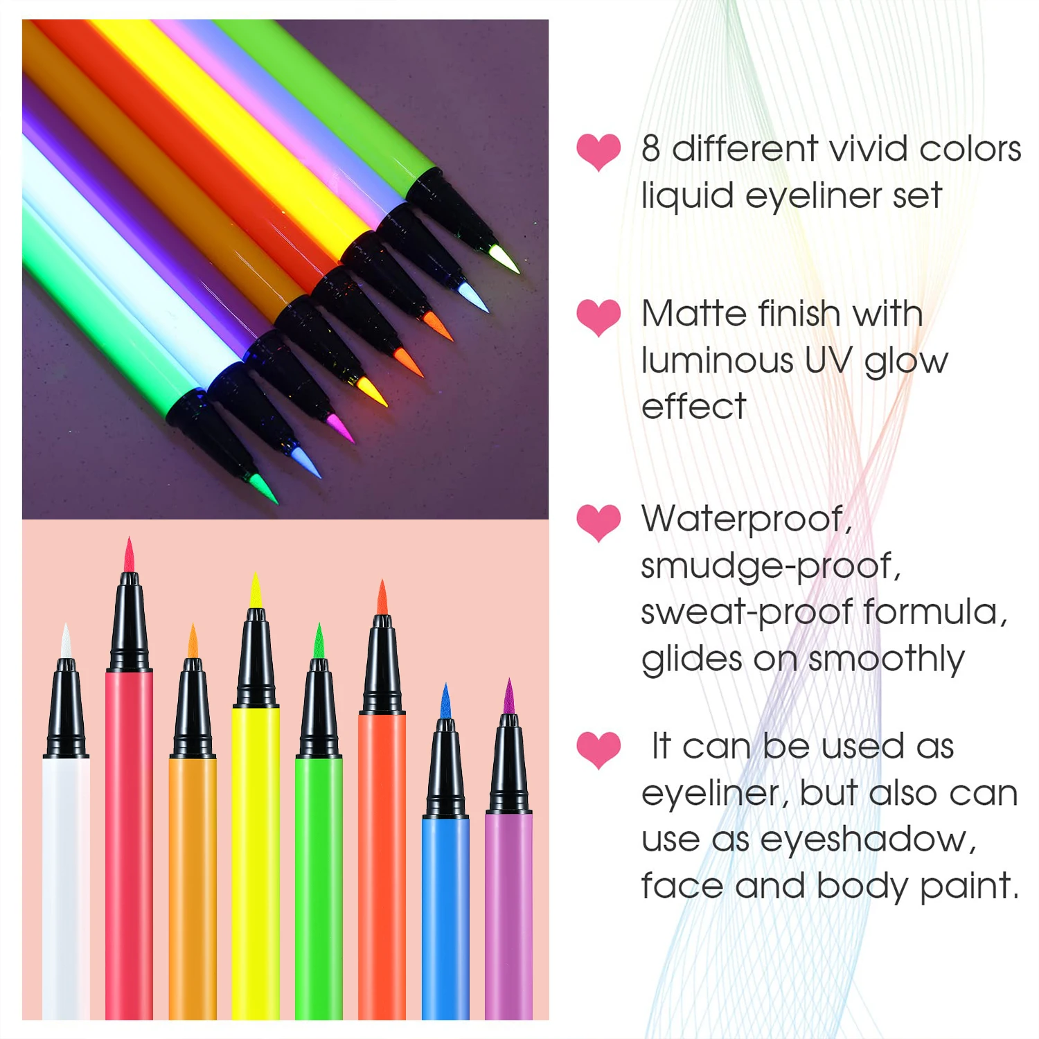 8 Colors Eyeliner Set Liquid Neon Eyeliner Pen Longstay Rainbow UV Glow Body Painting Waterproof Smudge-Proof Matte Eye Makeup