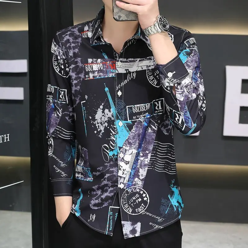 Trendy Long-sleeved Shirt Men Autumn Personalized Printed Shirt Jacket Ice Silk Stretch Anti-wrinkle Cardigan