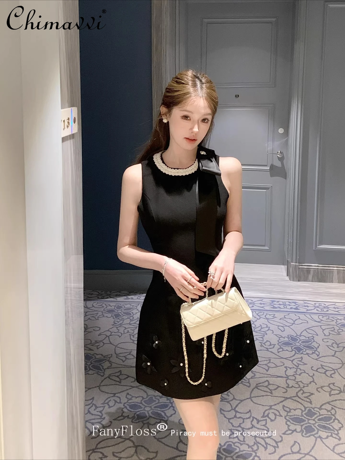

Heavy Beaded 3D Flower Bow Dress for Women 2026 Summer New Fashion French Style Rhinestone Sleeveless Elegant Babydoll Dress