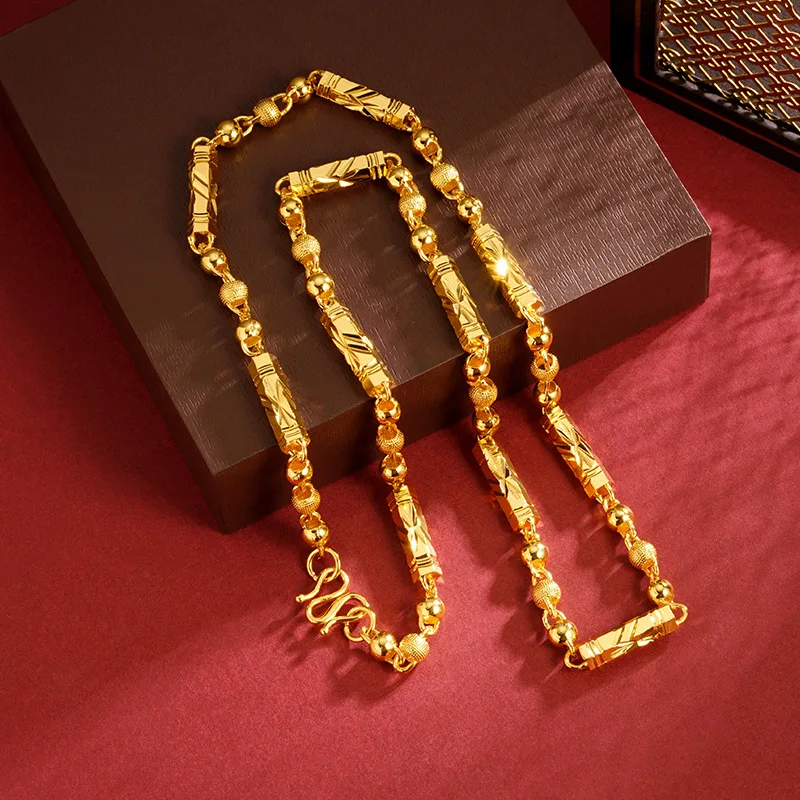 

Luxury 24K 9999 Pure Gold real gold Men's necklace hexagonal beads solid chain