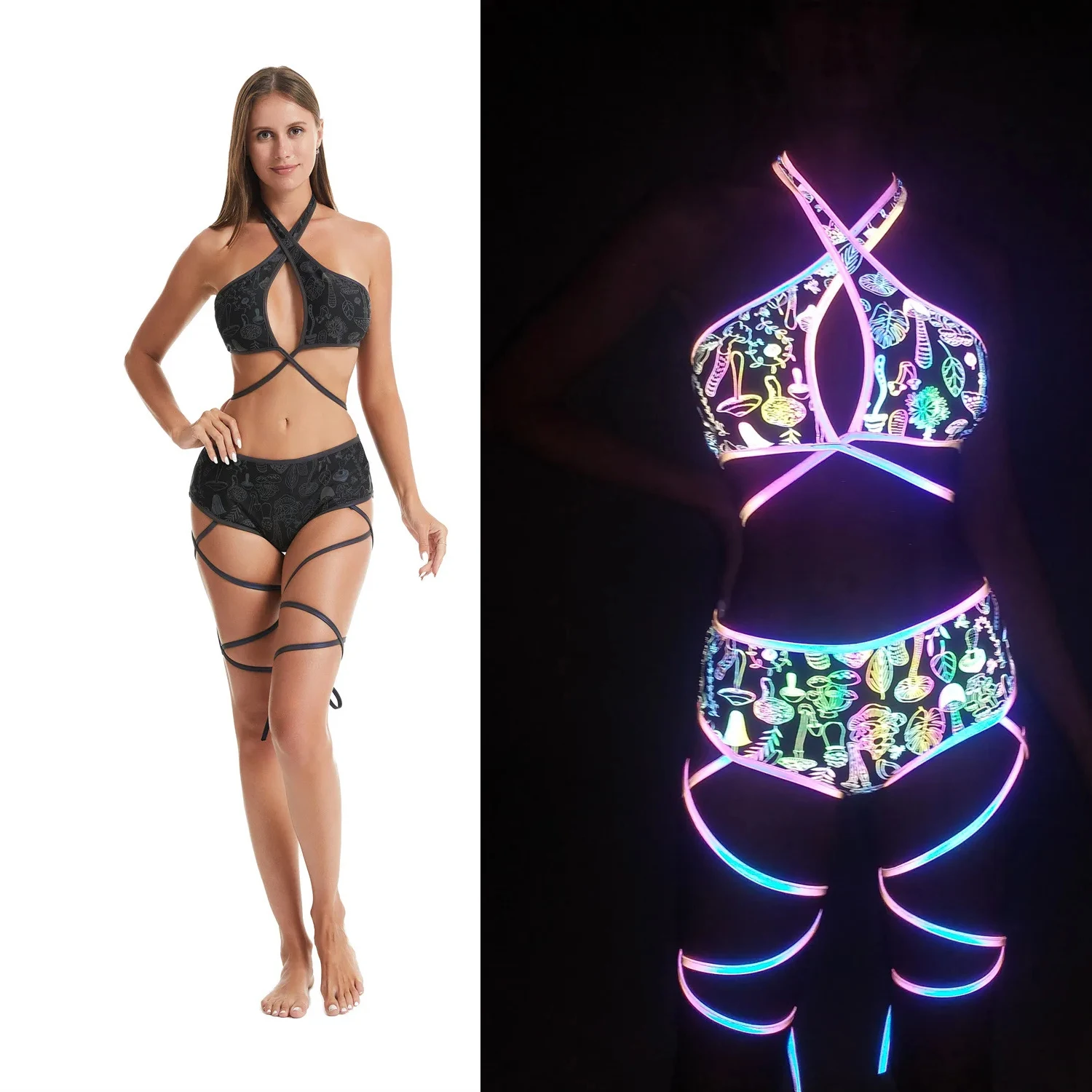 

Women Colorful Cyber Punk Light Reflective Costume Set Bandage Shorts Bra Crop Top Swimwear Sukumizu Perfermence Cosplay Party