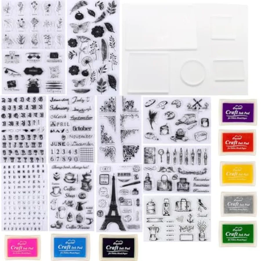 

352 Pieces Acrylic Stamp Blocks Tools Set Include 339 Clear Stamp Blocks, 8 Pcs Colorful Craft Ink Pad 5 Pcs Clear Stamping Blo
