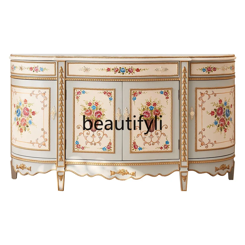 

Retro small French villa hand-painted solid wood luxury European semicircular corridor cabinet bedroom bedside cabinet0420