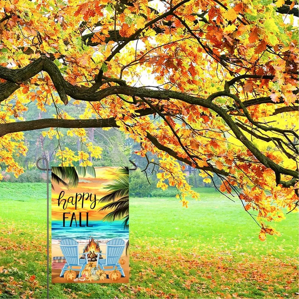 Happy Fall Beach Garden Flag 12x18 Inch Double Sided Autumn Pumpkins Beach Chairs Sea Ocean Coastal Fall Decor Flags for Out GGX