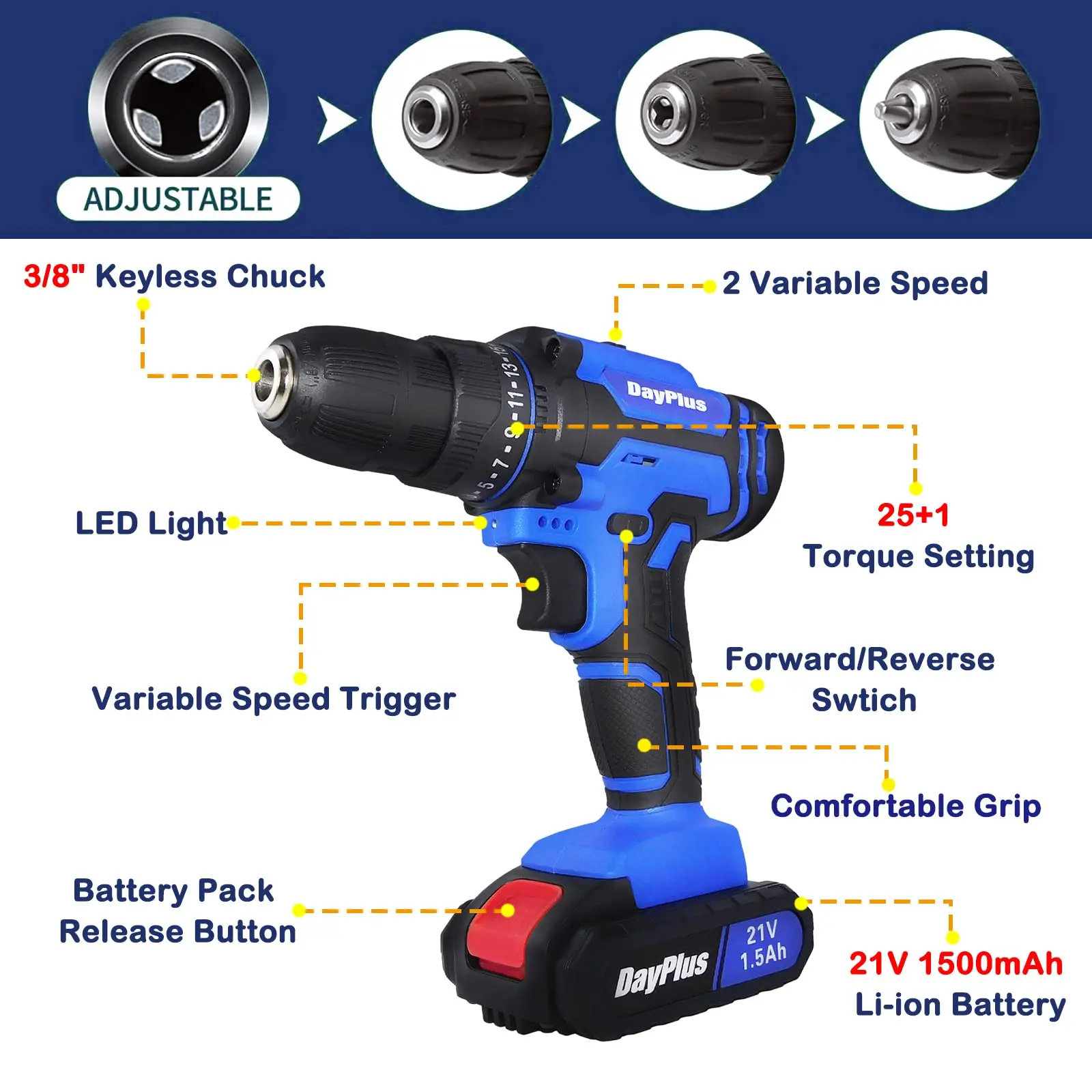 Cordless electric drill bit driver set, with 1 battery and charger, keyless chuck, 2 variable speeds, 400 pound torque