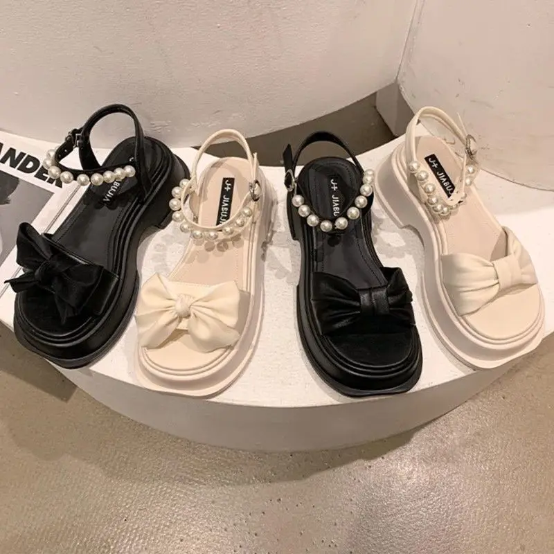 Sweet Bowtie Chunky Platform Sandals Women Summer Pearl Ankle Strap Wedge Sandalias Mujer Comfort Non-Slip Thick Bottom Sandals