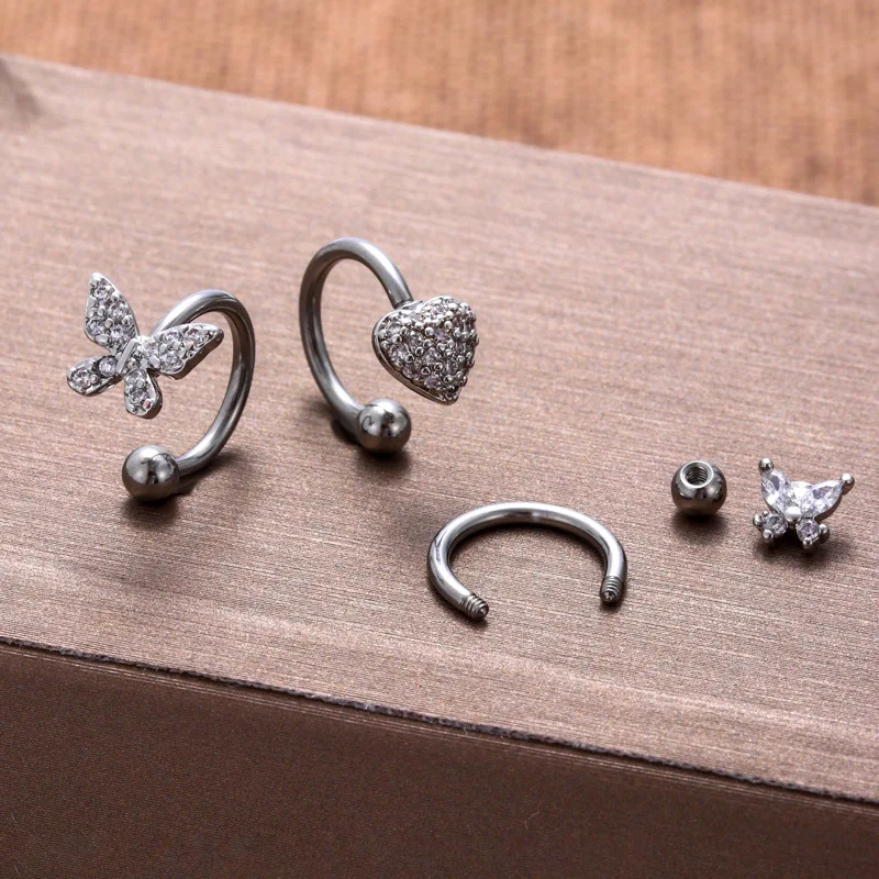 1Piece Stainless Steel C-shaped Lip Ring Silver Color Zircon Butterfly Heart Lip Studs Cartilage Earrings Screw Piercing Jewelry