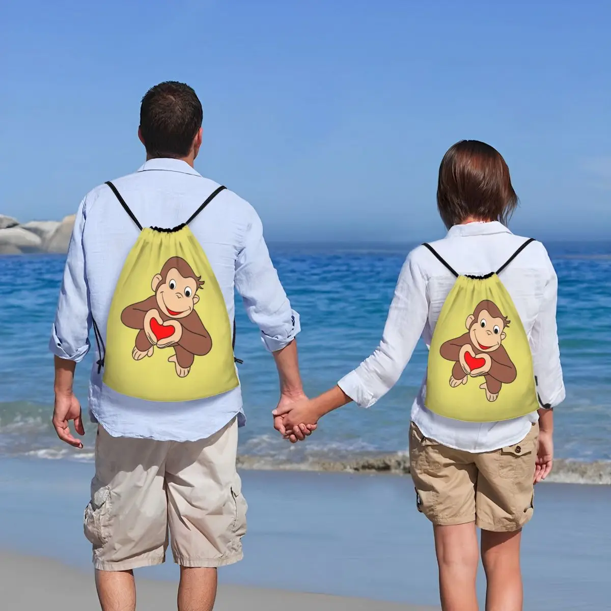 Custom Curious George Cartoon Is All Heart Drawstring Bag Men Women Lightweight Sports Gym Storage Backpack