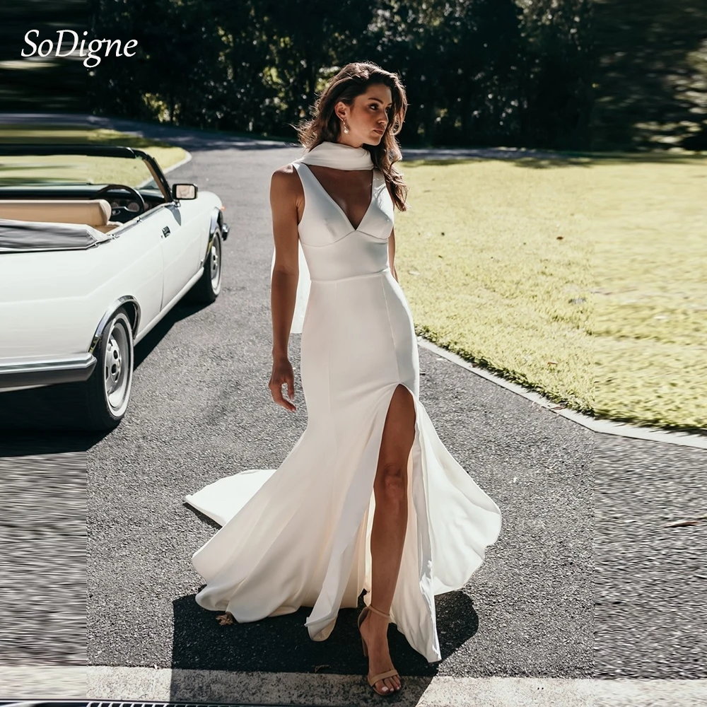 

SoDigne Satin Simple Mermaid Wedding Dresses V-neck Sleeveless Elegant Bridal Dress Split Long Bride Gown vestidos de novia