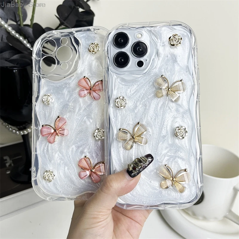 Full Coverage Luxury Flower Butterfly Soft Liquid Glitter Jellewed Phone Case For iPhone 11 12 13 14 15 16 Pro Max Plus Cover