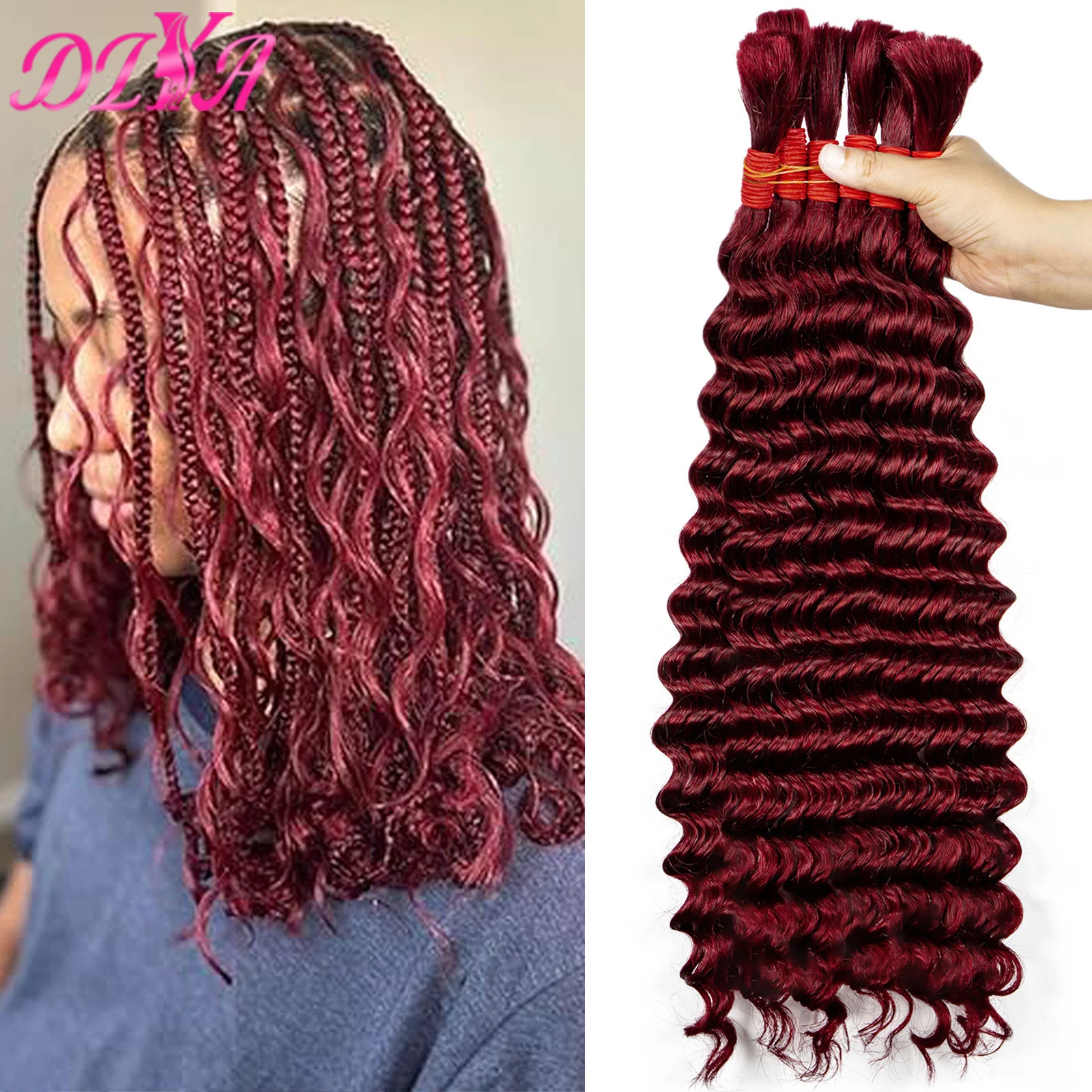 

99J Burgundy Bulk Human Hair for Boho Braiding 16-28 Inch Deep Wave Human Hair Bundles No Weft Bundles for Women Hair Extensions