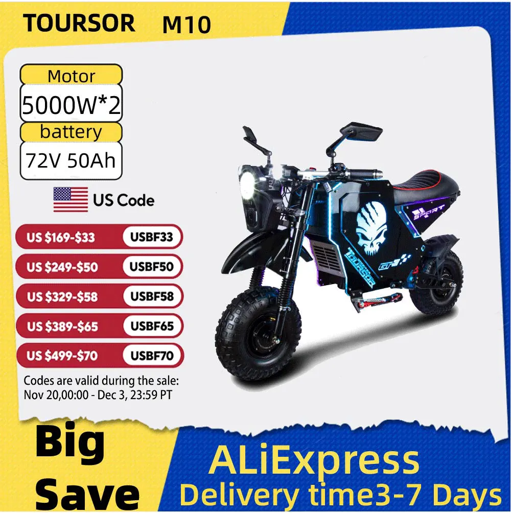 

TOURSOR M10 Electric Bicycle 5000W*2 Dual Motor 72V50AH Battery Electric Bike 14 Inch Off-road Tire Electric Motorcycle