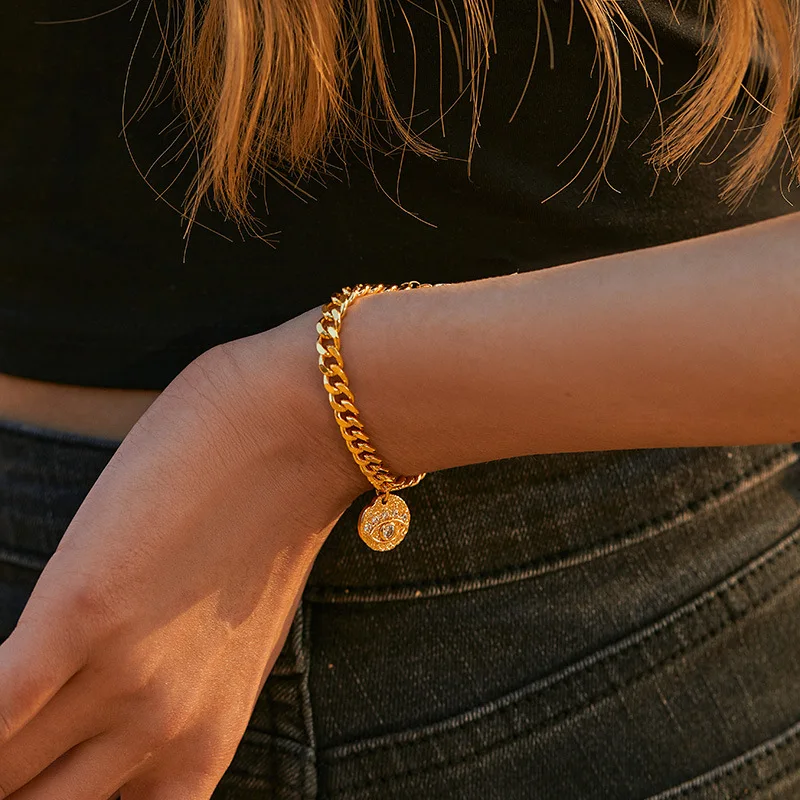 Trend Circular Micro Inlaid Zircon Bracelet for Women Metal Chunky Chain Adjustable Size Unisex Bracelet Fancy Jewelry Gift