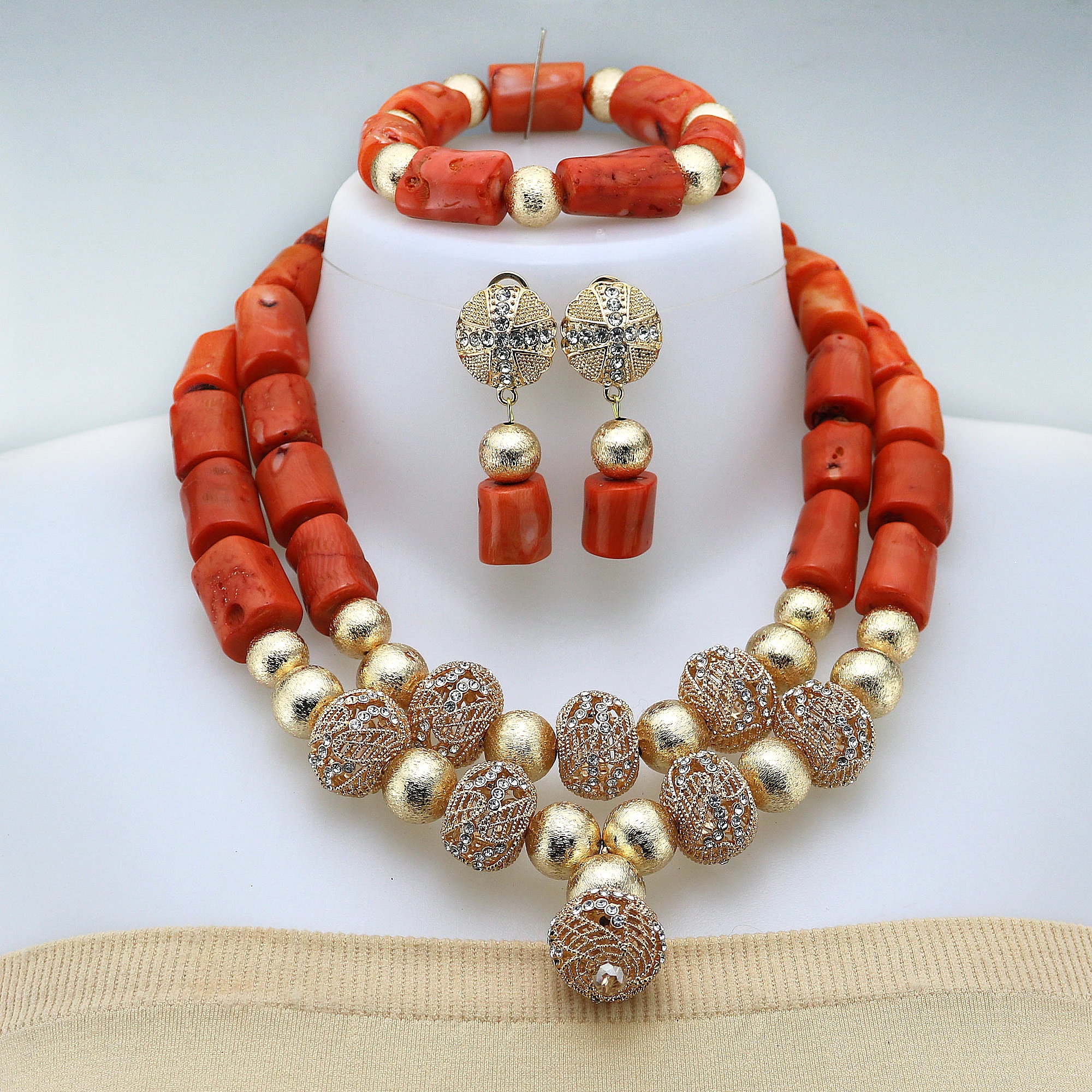 Real Coral Beads Necklace Jewelry for WoMan African Nigerian Golden Beads Wedding Costume Jewelry Set