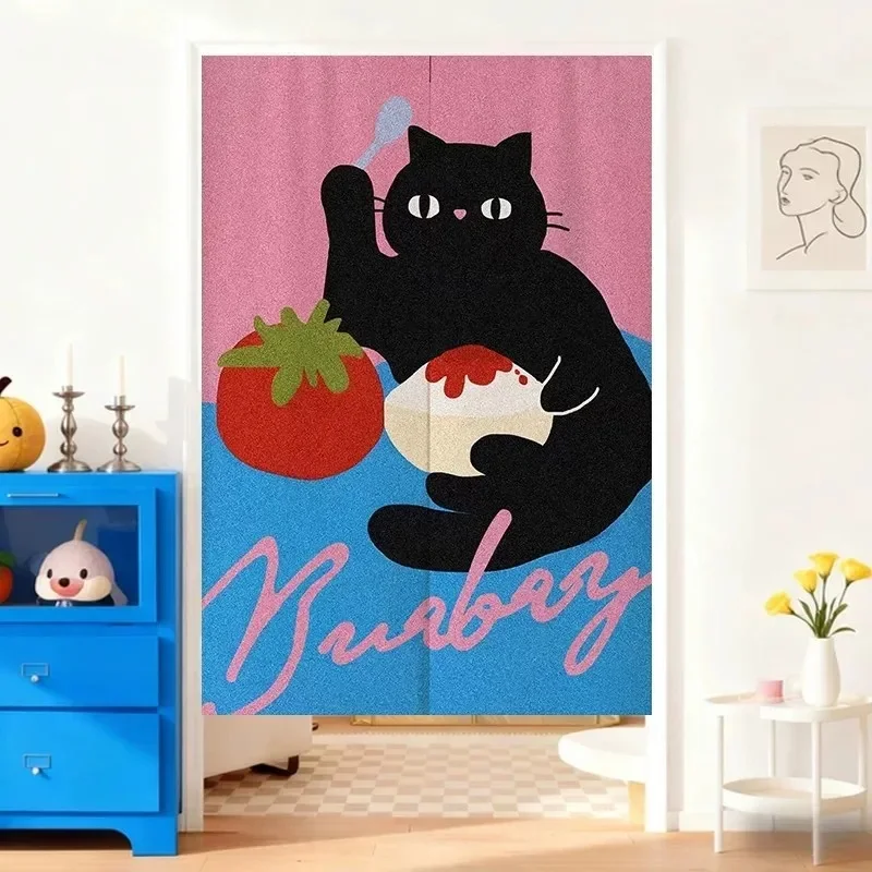 VIKAMA Cartoon Black Cat Noren Door Curtain Funny Tomato Fruit Letter Print Fabric Curtain Kitchen Home Partition Decor