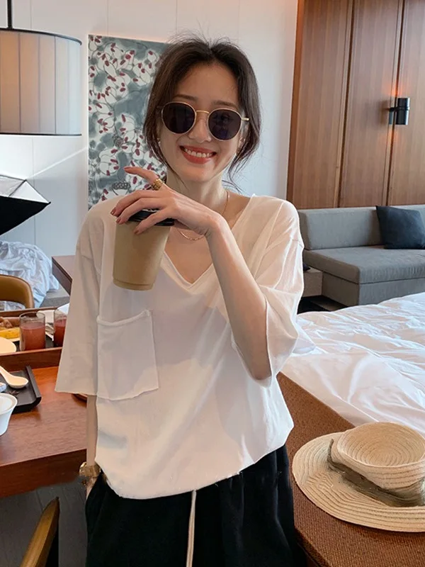 Cseta hoada de manga corta con cuello en V para mujer, ropa informal de verano, cseta de cuello ande de estilo core...