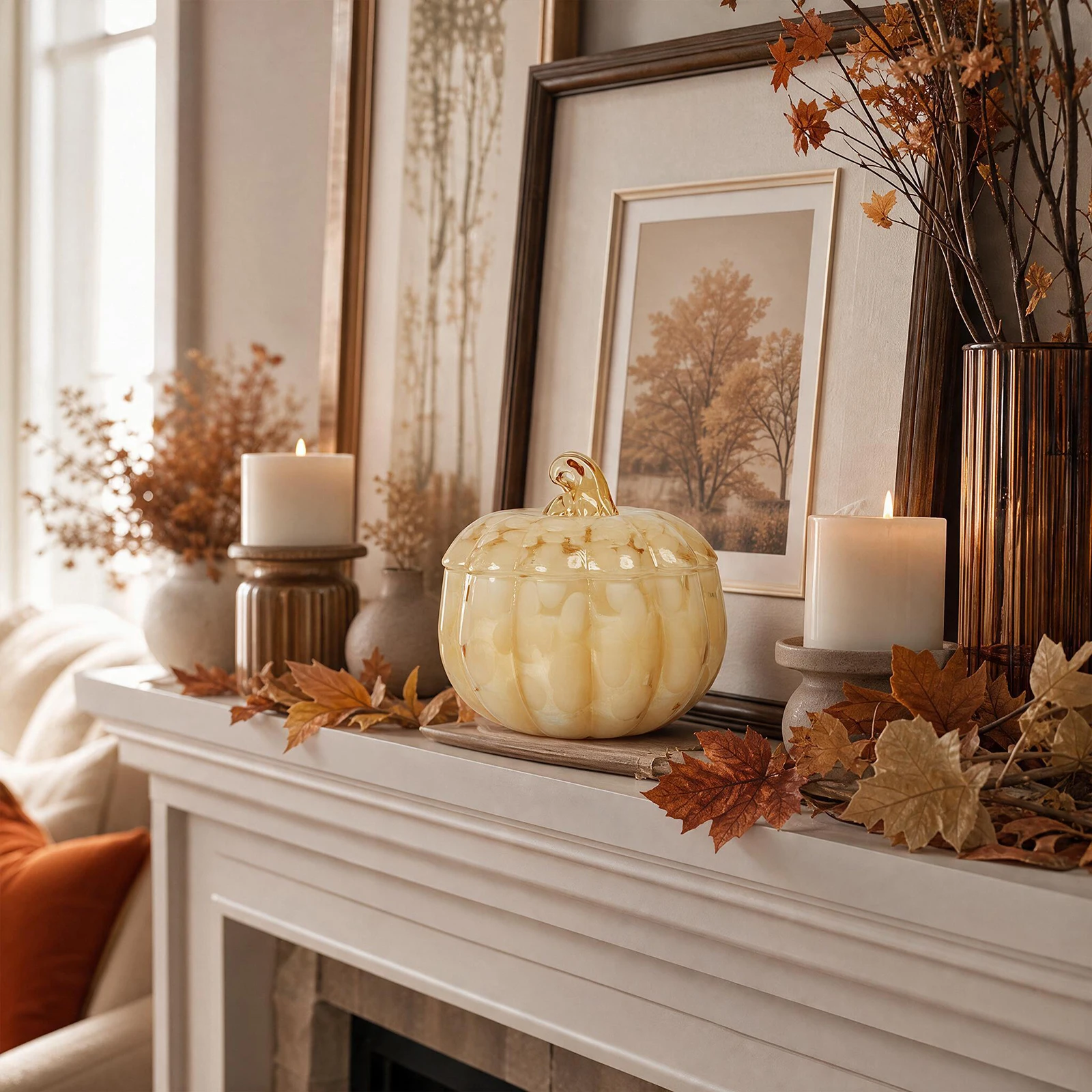 Halloween Pumpkin Scented Candle Dual Wick Sealed Glass Lid Hand Blown Tortoiseshell Fall Gift