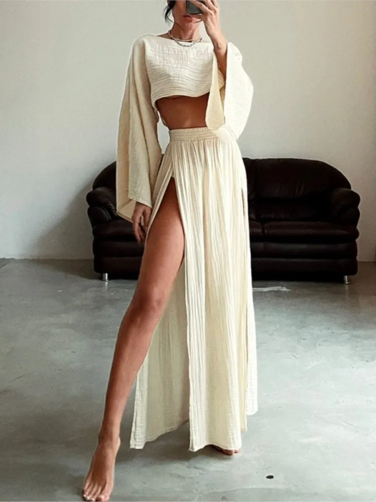 

Casual Holiday Style Simple Solid Color Skirt Set Linen Blended Short Top High Waist Chic Split Cotton Linen Two-piece Set